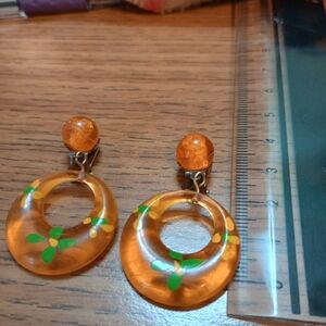 Orange and Green Floral Earrings ( Apple juice Bakealite) Vintage 1950